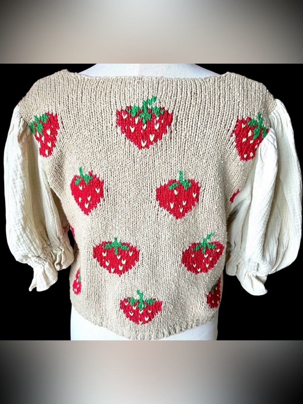 FREE PEOPLE Strawberry Jam Crop Top XS Puff Sleeve Knit Boho - Picture 10 of 16